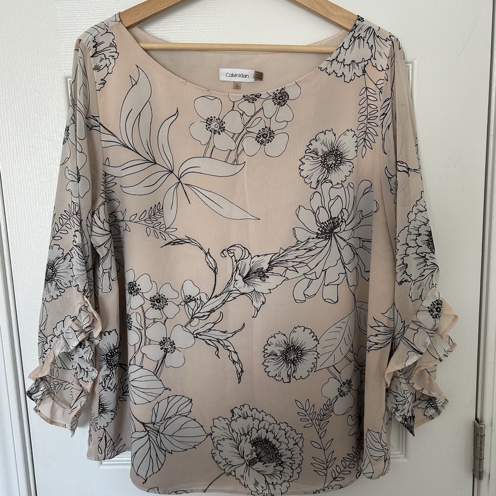 Calvin Klein Pink Floral 3/4 Sleeve Blouse Everyday Chic Workwear Feminine Style